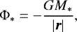Mathematical equation: \begin{equation*} \mathrm{\Phi}_{\ast} = -\frac{G M_{\ast}}{\vert{\vec{r}}\vert}, \end{equation*}