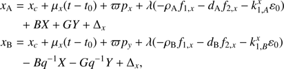 Mathematical equation: $ \begin{aligned} x_\mathrm{A}&= x_{c} +\mu _{x}(t-t_0) + \varpi p_{x}+\lambda ( - \rho _\mathrm{A} f_{1,x} - d_\mathrm{A} f_{2,x} -k^x_{1,A} \varepsilon _0) \nonumber \\&\;\; +BX+GY +\Delta _x \nonumber \\ x_\mathrm{B}&= x_{c} +\mu _{x}(t-t_0) + \varpi p_{{y}}+\lambda ( - \rho _\mathrm{B} f_{1,x} - d_\mathrm{B} f_{2,x} -k^x_{1,B}\varepsilon _0) \nonumber \\&\;\; -Bq^{-1} X - Gq^{-1} Y +\Delta _x,\end{aligned} $