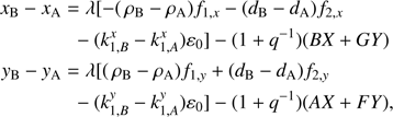 Mathematical equation: $ \begin{aligned} x_\mathrm{B} - x_\mathrm{A}&= \lambda [ -(\,\rho _\mathrm{B} - \rho _\mathrm{A}) f_{1,x} -(d_\mathrm{B} - d_\mathrm{A}) f_{2,x} \nonumber \\&\;\; -(k^x_{1,B}-k^x_{1,A}) \varepsilon _0] -(1+q^{-1})(BX+GY ) \nonumber \\ {y}_\mathrm{B} - {y}_\mathrm{A}&= \lambda [ (\,\rho _\mathrm{B} - \rho _\mathrm{A}) f_{1,{y}} +(d_\mathrm{B} - d_\mathrm{A}) f_{2,{y}}\\&\;\;-(k^{y}_{1,B}-k^{y}_{1,A}) \varepsilon _0 ] -(1+q^{-1})(AX+FY ), \nonumber \end{aligned} $