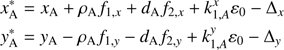 Mathematical equation: $ \begin{aligned} x^*_\mathrm{A}&= x_\mathrm{A} + \rho _\mathrm{A} f_{1,x} + d_\mathrm{A} f_{2,x} +k^x_{1,A} \varepsilon _0 -\Delta _x \nonumber \\ {y}^*_\mathrm{A}&= {y}_\mathrm{A} - \rho _\mathrm{A} f_{1,{y}} - d_\mathrm{A} f_{2,{y}} +k^{y}_{1,A} \varepsilon _0 -\Delta _{y} \end{aligned} $