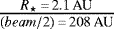 Mathematical equation: $\frac{{{R_{\star}}}\,{=}\,2.1\,\textrm{AU}}{(beam/2)\,{=}\,208\,\textrm{AU}}$