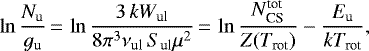 Mathematical equation: \begin{equation*}\ln \frac{N_{\textrm{u}}}{g_{\textrm{u}}} \,{=}\, \ln \frac{3\,kW_{\textrm{ul}}}{8\pi^3\nu_{\textrm{ul}}\,S_{\textrm{ul}}\mu^2} \,{=}\, \ln \frac{\mbox{$N^{\textrm{tot}}_{\textrm{CS}}$}}{Z(\mbox{$T_{\textrm{rot}}$})} - \frac{\mbox{$E_{\textrm{u}}$}}{k\mbox{$T_{\textrm{rot}}$}}, \end{equation*}