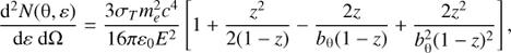 Mathematical equation: $$ \begin{aligned} \frac{\mathrm{d}^2 N(\uptheta ,\varepsilon )}{\mathrm{d}\varepsilon \ \mathrm{d}\Omega } = \frac{3 \sigma _T m_e^2 c^4}{16 \pi \varepsilon _0 E^2} \left[ 1 + \frac{z^2}{2(1-z)} - \frac{2z}{b_\uptheta (1-z)} + \frac{2z^2}{b_\uptheta ^2(1-z)^2} \right], \end{aligned} $$