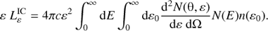 Mathematical equation: $$ \begin{aligned} \varepsilon \ L_\varepsilon ^\mathrm{IC} = 4 \pi c \varepsilon ^2 \int _0^\infty \mathrm{d}E \int _0^\infty \mathrm{d}\varepsilon _0 \frac{\mathrm{d}^2 N(\uptheta ,\varepsilon )}{\mathrm{d}\varepsilon \ \mathrm{d}\Omega } N(E) n(\varepsilon _0). \end{aligned} $$