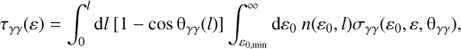 Mathematical equation: $$ \begin{aligned} \tau _{\gamma \gamma }(\varepsilon ) = \int _0^l \mathrm{d}l \ [1-\cos \uptheta _{\gamma \gamma }(l)] \int _{\varepsilon _{0,\mathrm{min}}}^\infty \mathrm{d}\varepsilon _0 \ n(\varepsilon _0,l) \sigma _{\gamma \gamma }(\varepsilon _0,\varepsilon ,\uptheta _{\gamma \gamma }), \end{aligned} $$