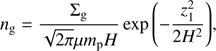 Mathematical equation: $ \begin{aligned} n_{\mathrm{g}}= \frac{\Sigma _{\mathrm{g}}}{\sqrt{2\pi }\mu m_{\mathrm{p}} H} \exp {\left(-\frac{z_1^2}{2H^2} \right)}, \end{aligned} $