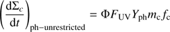 Mathematical equation: $ \begin{aligned} \left(\frac{\mathrm{d}\Sigma _c}{\mathrm{d}t}\right)_{\mathrm{ph-unrestricted}} = \Phi F_\mathrm{UV} Y_{\mathrm{ph}} m_\mathrm{c} f_\mathrm{c} \end{aligned} $