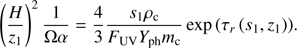Mathematical equation: $ \begin{aligned} \left( \frac{H}{z_{1}}\right)^2 \frac{1}{\Omega \alpha } = \frac{4}{3} \frac{s_1 \rho _\mathrm{c}}{F_\mathrm{UV} Y_{\mathrm{ph}} m_\mathrm{c}} \exp {\left(\tau _{r}\left(s_1, z_1\right)\right)} . \end{aligned} $