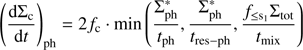 Mathematical equation: $ \begin{aligned} \left(\frac{\mathrm{d}\Sigma _\mathrm{c}}{\mathrm{d}t}\right)_{\mathrm{ph}} = 2f_\mathrm{c}\cdot {\mathrm{min}} \left( \frac{\Sigma ^{*}_{\mathrm{ph}}}{t_{\mathrm{ph}}}, \frac{\Sigma ^{*}_{\mathrm{ph}}}{t_{\mathrm{res-ph}}}, \frac{f_{\le \mathrm{s_1}}\Sigma _{\mathrm{tot}}}{t_{\mathrm{mix}}} \right) \end{aligned} $
