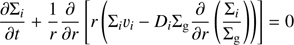 Mathematical equation: $ \begin{aligned} \frac{\partial \Sigma _i}{\partial t} + \frac{1}{r}\frac{\partial }{\partial r}\left[r\left(\Sigma _i v_i - D_i \Sigma _\mathrm{g} \frac{\partial }{\partial r} \left(\frac{\Sigma _i}{\Sigma _\mathrm{g}}\right)\right)\right]=0 \end{aligned} $