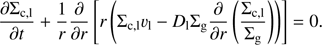 Mathematical equation: $ \begin{aligned} \frac{\partial \Sigma _\mathrm{c,l}}{\partial t} + \frac{1}{r}\frac{\partial }{\partial r}\left[r\left(\Sigma _\mathrm{c,l} v_\mathrm{l} - D_\mathrm{l} \Sigma _\mathrm{g} \frac{\partial }{\partial r} \left(\frac{\Sigma _\mathrm{c,l}}{\Sigma _\mathrm{g}}\right)\right)\right]= 0 . \end{aligned} $