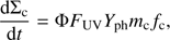 Mathematical equation: $ \begin{aligned} \frac{\mathrm{d}\Sigma _\mathrm{c}}{\mathrm{d}t} = \Phi F_\mathrm{UV} Y_{\mathrm{ph}} m_\mathrm{c} f_\mathrm{c}, \end{aligned} $