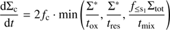 Mathematical equation: $ \begin{aligned} \frac{\mathrm{d}\Sigma _\mathrm{c}}{\mathrm{d}t} = 2f_\mathrm{c}\cdot {\mathrm{min}}\left( \frac{\Sigma ^{*}}{t_{\mathrm{ox}}}, \frac{\Sigma ^{*}}{t_{\mathrm{res}}}, \frac{f_{\le \mathrm{s}_1}\Sigma _\mathrm{tot}}{t_{\mathrm{mix}}} \right) \end{aligned} $