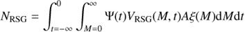 Mathematical equation: $${N_{{\rm{RSG}}}} = \int_{t = - \infty }^0 {\int_{M = 0}^\infty {\Psi (t){V_{{\rm{RSG}}}}(M,t)A\xi (M){\rm{d}}M{\rm{d}}t} }$$