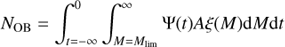 Mathematical equation: $${{N}_{\text{OB}}}=\int_{t=-\infty }^{0}{\int_{M={{M}_{\lim }}}^{\infty }{\Psi (t)}}A\xi (M)\text{d}M\text{d}t$$