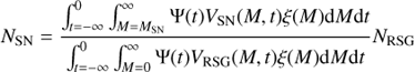 Mathematical equation: $${N_{{\rm{SN}}}} = {{\int_{t = - \infty }^0 {\int_{M = {M_{{\rm{SN}}}}}^\infty {\Psi (t){V_{{\rm{SN}}}}(M,t)\xi (M){\rm{d}}M{\rm{d}}t} } } \over {\int_{t = - \infty }^0 {\int_{M = 0}^\infty {\Psi (t){V_{{\rm{RSG}}}}(M,t)\xi (M){\rm{d}}M{\rm{d}}t} } }}{N_{{\rm{RSG}}}}$$
