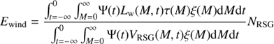 Mathematical equation: $${E_{{\rm{wind}}}} = {{\int_{t = - \infty }^0 {\int_{M = 0}^\infty {\Psi (t){L_{\rm{w}}}(M,t)\tau (M)\xi (M){\rm{d}}M{\rm{d}}t} } } \over {\int_{t = - \infty }^0 {\int_{M = 0}^\infty {\Psi (t){V_{{\rm{RSG}}}}(M,t)\xi (M){\rm{d}}M{\rm{d}}t} } }}{N_{{\rm{RSG}}}}$$