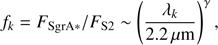 Mathematical equation: $$ f_k=F_{{\text{SgrA}}_\ast}/F_{\mathrm S\text{2}}\sim{\left(\frac{\lambda_k}{2.2\mu\mathrm m}\right)}^\gamma, $$