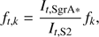 Mathematical equation: $$ f_{t,k}=\frac{I_{t,{\text{SgrA}}_\ast}}{I_{t,\mathrm S2}}f_k, $$