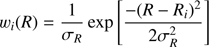 Mathematical equation: $ \begin{aligned} w_i(R) = \frac{1}{\sigma _R} \exp \left[ \frac{-(R-R_i)^2}{2\sigma _R^2} \right] \end{aligned} $