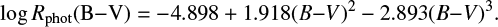 $ \begin{equation} \log R_{\text{phot}} {\rm (B{-}V)}=-4.898+1.918(B{-}V)^{2}-2.893(B{-}V)^{3}. \end{equation} $