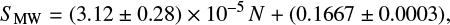 $ \begin{equation} \smw= (3.12 \pm 0.28) \times 10^{-5} N + (0.1667 \pm 0.0003), \end{equation} $