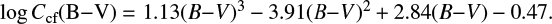 $ \begin{equation} \log C_{\text{cf}}{\rm (B{-}V)} = 1.13(B{-}V)^{3}-3.91(B{-}V)^{2}+2.84(B{-}V)-0.47. \end{equation} $