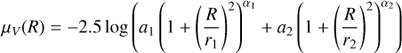 $$ \begin{aligned} \mu _V(R)=-2.5\log \left(a_1 \left(1+\left( \frac{R}{r_1} \right)^2 \right)^{\alpha _1} + a_2 \left(1+\left(\frac{R}{r_2}\right)^2 \right)^{\alpha _2} \right) \end{aligned} $$