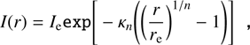 $$ \begin{aligned} I(r) = I_{{\mathrm{e}}}\mathtt{exp }\Bigg [-\kappa _{n}\Bigg (\bigg (\frac{r}{r_{{\mathrm{e}}}}\bigg )^{1/{n}} -1\Bigg )\Bigg ] \mathtt , \end{aligned} $$