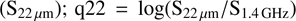 $ \mathrm{q}22=\rm{log}({\mathrm{s}}_{22\,\mu\text{m}}/{\mathrm{s}}_{1.4\,\text{ GHz}}) $