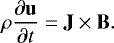 \begin{equation*} \rho \frac{\partial \mathbf{u}}{\partial t} = \mathbf{J} \times \mathbf{B}.\end{equation*}