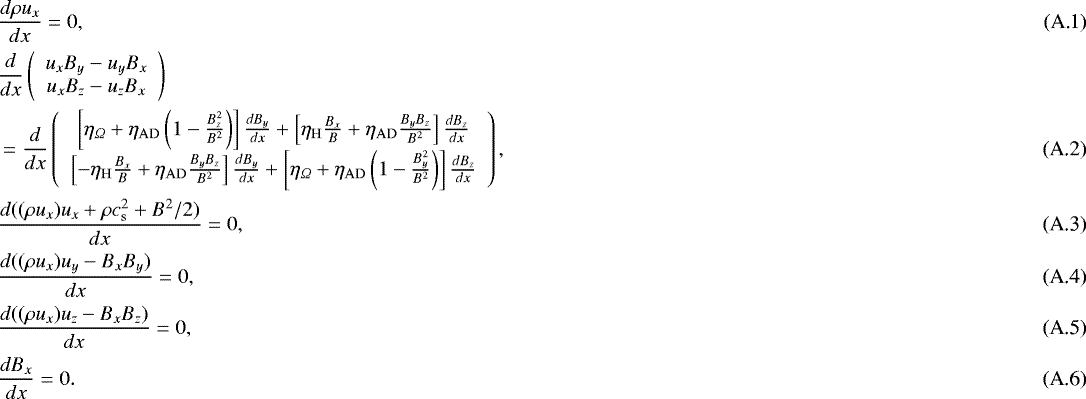 \begin{align}& \frac{d \rho u_x}{dx} = 0,\\ & \frac{d}{dx} \left(\begin{array}{c} u_xB_y - u_yB_x \\ u_xB_z - u_zB_x \end{array}\right) \nonumber \\ & = \frac{d}{dx} \left(\begin{array}{c} \left[\eta_{\Omega} &#x002B; \eta_{\mathrm{AD}}\left(1-\frac{B_z^2}{B^2}\right)\right]\frac{dB_y}{dx} &#x002B; \left[\eta_{\mathrm{H}}\frac{B_x}{B}&#x002B;\eta_{\mathrm{AD}} \frac{B_yB_z}{B^2}\right] \frac{dB_z}{dx} \\ \left[-\eta_{\mathrm{H}}\frac{B_x}{B}&#x002B;\eta_{\mathrm{AD}} \frac{B_yB_z}{B^2}\right] \frac{dB_y}{dx} &#x002B; \left[\eta_{\Omega} &#x002B; \eta_{\mathrm{AD}}\left(1-\frac{B_y^2}{B^2}\right)\right]\frac{dB_z}{dx} \end{array}\right),\\ & \frac{d((\rho u_x)u_x &#x002B; \rho c_{\mathrm{s}}^2 &#x002B; B^2/2)}{dx} = 0,\\ & \frac{d((\rho u_x)u_y - B_xB_y)}{dx} = 0,\\ & \frac{d((\rho u_x)u_z - B_xB_z)}{dx} = 0,\\ & \frac{dB_x}{dx} = 0.\end{align}