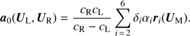 $$ \begin{aligned} \boldsymbol{a}_0(\boldsymbol{U}_{\rm L},\boldsymbol{U}_{\rm R})=\frac{c_{\rm R}c_{\rm L}}{c_{\rm R}-c_{\rm L}}\sum _{i\,=\,2}^{6}\delta _i\alpha _i\boldsymbol{r}_i(\boldsymbol{U}_{\rm M}). \end{aligned} $$