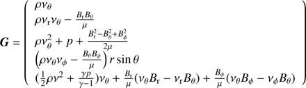$$ \begin{aligned} \boldsymbol{G}=\left( \begin{array}{l} \rho \nu _\theta \\ \rho \nu _{\rm r} \nu _\theta -\frac{B_{\rm r}B_{\theta }}{\mu }\\ \rho \nu _\theta ^2+p+\frac{B_{\rm r}^2-B_{\theta }^2+B_{\phi }^2}{2\mu }\\ \left(\rho \nu _\theta \nu _{\phi }-\frac{B_{\theta }B_{\phi }}{\mu }\right)r\sin \theta \\ (\frac{1}{2}\rho \nu ^2+\frac{\gamma p}{\gamma -1})\nu _\theta +\frac{B_{\rm r}}{\mu }(\nu _\theta B_{\rm r}-\nu _{\rm r} B_\theta )+\frac{B_{\phi }}{\mu }(\nu _\theta B_\phi -\nu _\phi B_\theta )\\ \end{array}\right) \end{aligned} $$