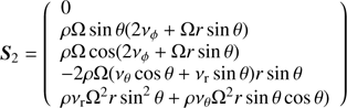 $$ \begin{aligned} \boldsymbol{S}_2=\left( \begin{array}{l} 0\\ \rho \Omega \sin \theta (2\nu _\phi +\Omega r\sin \theta )\\ \rho \Omega \cos (2\nu _\phi +\Omega r\sin \theta )\\ -2\rho \Omega (\nu _\theta \cos \theta +\nu _{\rm r}\sin \theta )r\sin \theta \\ \rho \nu _{\rm r}\Omega ^2r\sin ^2\theta +\rho \nu _\theta \Omega ^2r\sin \theta \cos \theta )\\ \end{array}\right) \end{aligned} $$