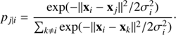 Mathematical equation: $$ \begin{aligned} p_{j\mid i} = \frac{\exp (-||\mathbf x _i - \mathbf x _j||^2 / 2\sigma _i^2)}{\sum _{k \ne i} \exp (-||\mathbf x _i - \mathbf x _k||^2 / 2\sigma _i^2)}\cdot \end{aligned} $$