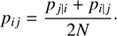 Mathematical equation: $$ \begin{aligned} p_{ij} = \frac{p_{j\mid i} + p_{i\mid j}}{2N}\cdot \end{aligned} $$