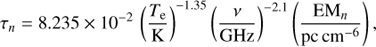 Mathematical equation: $$ \begin{aligned} {\tau _{n}}=8.235\times {10^{-2}} \, \left(\frac{T_{\mathrm{e}}}{\mathrm{K}}\right)^{{-1.35}} \left(\frac{\nu }{\mathrm{GHz}}\right)^{-2.1} \left(\frac{\mathrm{EM}_{n}}{{\mathrm{pc} }\, {\mathrm{cm}}^{{-6}}}\right) \end{aligned} $$