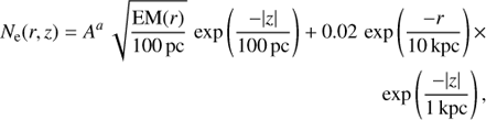 Mathematical equation: $$ \begin{aligned} N_{\rm e}(r,z)=A^a\,\sqrt{\frac{\mathrm{EM}(r)}{100\,{\mathrm{pc} }}}\,\exp \left(\frac{-|z|}{100\,{\mathrm{pc} }}\right) + 0.02\,\exp \left( \frac{-r}{10\,{\mathrm{kpc} }} \right) \times \nonumber \\ \exp \left( \frac{-|z|}{1\,{\mathrm{kpc} }}\right), \end{aligned} $$