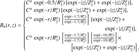Mathematical equation: $$ \begin{aligned} B_n(r,z) = {\left\{ \begin{array}{ll} C^a\,\exp (-0.5/R^a_{1}) \, [\exp (-|z|/Z^a_1) + \exp (-|z|/Z^a_2)], \\ C^a\,\exp (-r/R^a_1)\, [\exp (-|z|/Z^a_1) + \exp (-|z|/Z^a_2)], \\ C^a\,\exp (-r/R^a_2)\, \left[\frac{\exp (-1.7/R^a_1)}{\exp (-1.7/R^a_2)}\right] \, [\exp (-|z|/Z^a_1) \, + \\ \qquad \qquad \qquad \qquad \qquad \qquad \qquad \exp (-|z|/Z^a_2)], \\ C^a\,\exp (-r/R^a_3)\, \left[\frac{\exp (-1.7/R^a_1)}{\exp (-1.7/R^a_2)}\right] \, \left[\frac{\exp (-10/R^a_2)}{\exp (-10/R^a_3)}\right] \times \\ \qquad \qquad \qquad \qquad \left[\exp (-|z|/Z^a_1) + \exp (-|z|/Z^a_2)\right], \end{array}\right.} \end{aligned} $$