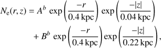 Mathematical equation: $$ \begin{aligned} N_{\rm e}(r,z)&=A^b\, \exp \left(\frac{-r}{0.4\,{\mathrm{kpc} }}\right)\,\exp \left(\frac{-|z|}{0.04\,{\mathrm{kpc} }}\right) \nonumber \\&\;\;+ B^b\,\exp \left( \frac{-r}{0.4\,{\mathrm{kpc} }} \right) \exp \left( \frac{-|z|}{0.22\,{\mathrm{kpc} }}\right), \end{aligned} $$