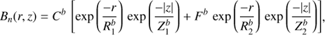 Mathematical equation: $$ \begin{aligned} B_n(r,z) =C^b\,\left[\exp \left(\frac{-r}{R^b_1}\right)\, \exp \left(\frac{-|z|}{Z^b_1}\right) + F^b\,\exp \left(\frac{-r}{R^b_2}\right)\, \exp \left(\frac{-|z|}{Z^b_2}\right)\right] , \end{aligned} $$