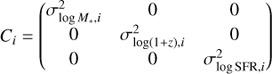 Mathematical equation: $$ \begin{aligned} C_{i} = \begin{pmatrix} \sigma _{\log M_{*},i}^{2}&0&0 \\ 0&\sigma _{\log (1+z),i}^{2}&0 \\ 0&0&\sigma _{\log {\mathrm{SFR} }, i}^{2} \end{pmatrix} \end{aligned} $$