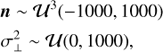 Mathematical equation: $$ \begin{aligned}&{\boldsymbol{n}} \sim \mathcal{U} ^{3}(-1000,1000) \nonumber \\&\sigma _{\perp }^2 \sim \mathcal{U} (0,1000), \end{aligned} $$