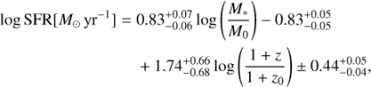 Mathematical equation: $$ \begin{aligned} \log {\mathrm{SFR} }[{{M_{\odot }}\,{\mathrm{yr}}^{-1}}] =\;&0.83^{+0.07}_{-0.06}\log \left(\frac{M_*}{M_{0}}\right) {-0.83^{+0.05}_{-0.05}}\nonumber \\&+ {1.74^{+0.66}_{-0.68}}\log \left(\frac{1+z}{1+z_{0}}\right) \pm {0.44^{+0.05}_{-0.04}}, \end{aligned} $$