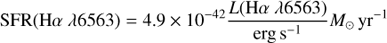 Mathematical equation: $$ \begin{aligned} {\mathrm{SFR} }({\mathrm{H} }\alpha \ \lambda 6563) = 4.9 \times 10^{-42}\frac{L({\mathrm{H} }\alpha \ \lambda 6563)}{\mathrm{erg\,s}^{-1}}{M_{\odot }\,\mathrm{yr}^{-1}}, \end{aligned} $$