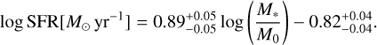 Mathematical equation: $$ \begin{aligned} \log {\mathrm{SFR} }[{M_{\odot }\,\mathrm{yr}^{-1}}]= {0.89^{+0.05}_{-0.05}}\log \left(\frac{M_*}{M_{0}}\right) {-0.82^{+0.04}_{-0.04}}. \end{aligned} $$