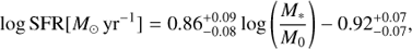 Mathematical equation: $$ \begin{aligned} \log {\mathrm{SFR} }[{M_{\odot }\,\mathrm{yr}^{-1}}] = {0.86^{+0.09}_{-0.08}}\log \left(\frac{M_*}{M_{0}}\right) {-0.92^{+0.07}_{-0.07}}, \end{aligned} $$