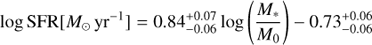 Mathematical equation: $$ \begin{aligned} \log {\mathrm{SFR} }[{M_{\odot }\,\mathrm{yr}^{-1}}] = {0.84^{+0.07}_{-0.06}}\log \left(\frac{M_*}{M_{0}}\right) {-0.73^{+0.06}_{-0.06}}\end{aligned} $$