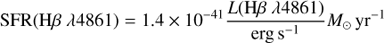 Mathematical equation: $$ \begin{aligned} {\mathrm{SFR} }({\mathrm{H} }\beta \ \lambda 4861) = 1.4 \times 10^{-41} \frac{L({\mathrm{H} }\beta \ \lambda 4861)}{\mathrm{erg\,s^{-1}}}{M_{\odot }\,\mathrm{yr}^{-1}}, \end{aligned} $$